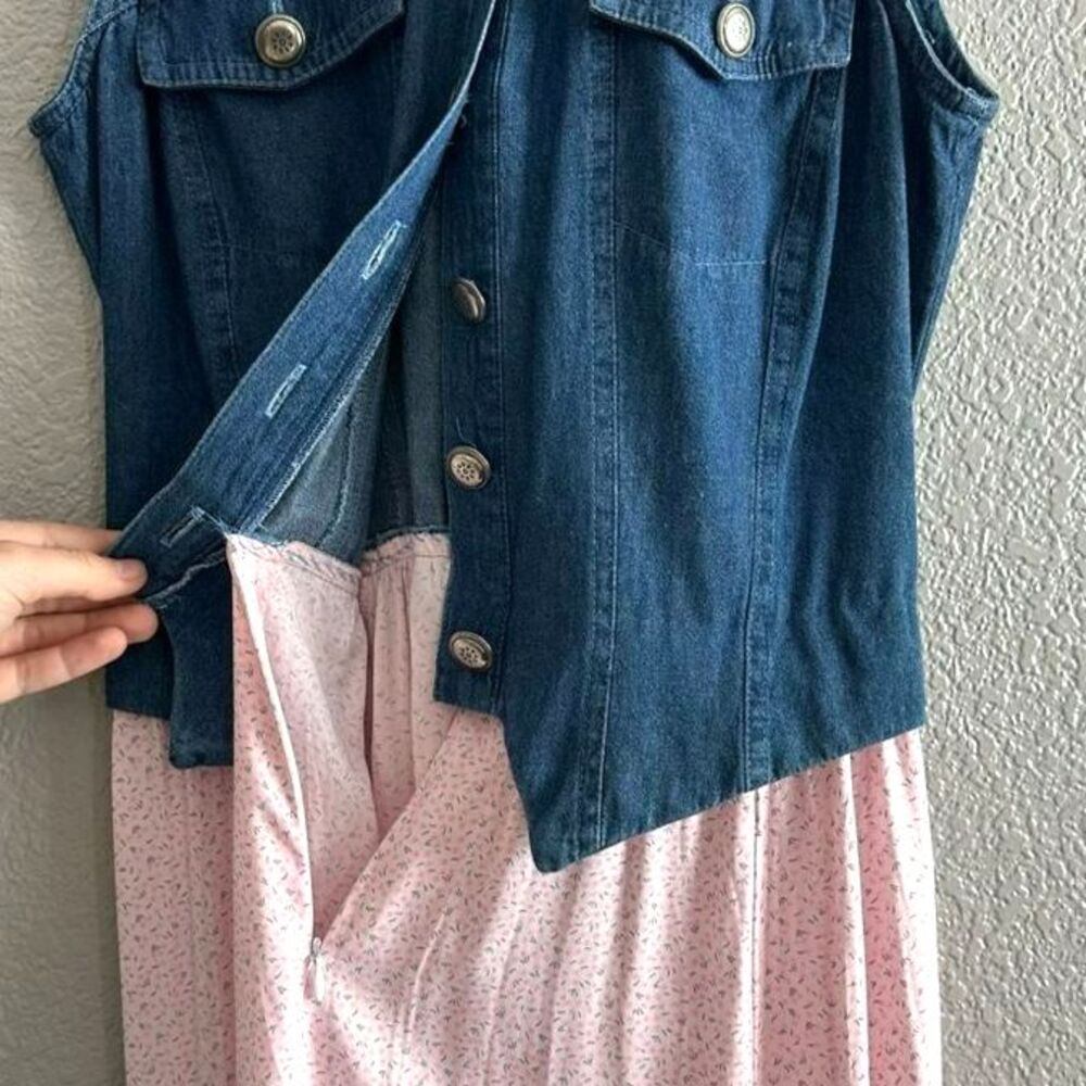 Vtg Lucia Lukken Broom Skirts Dress Blue Denim Vest Pink Floral Skirt Size Small - Picture 6 of 8